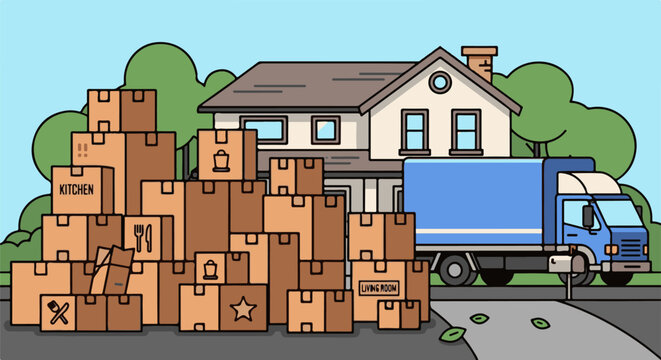 Boxes stacked near a house and truck