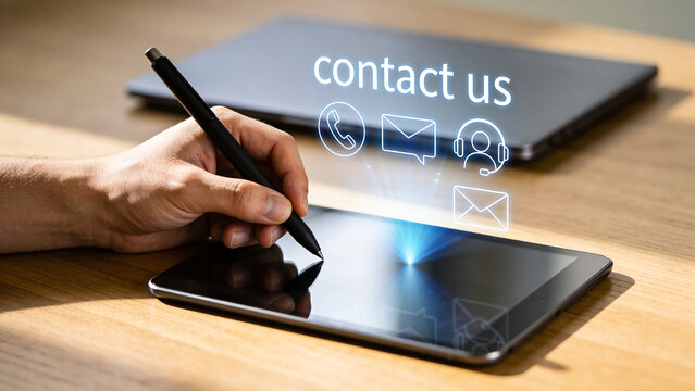 Contact Us Customer Support Concept with Digital Icons, Online Communication, Help Desk Service and Technical Assistance Interface