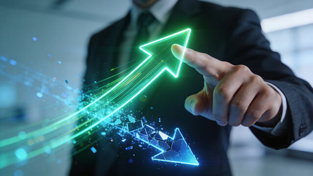 Business growth concept with rising arrow and falling arrow, financial performance analysis, profit and loss visualization