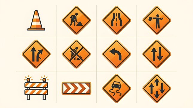 Set of road construction and maintenance safety signs. Vector icons of orange traffic signage including roadwork, traffic cone, barrier, flagger, and lane shift symbols isolated on light background.