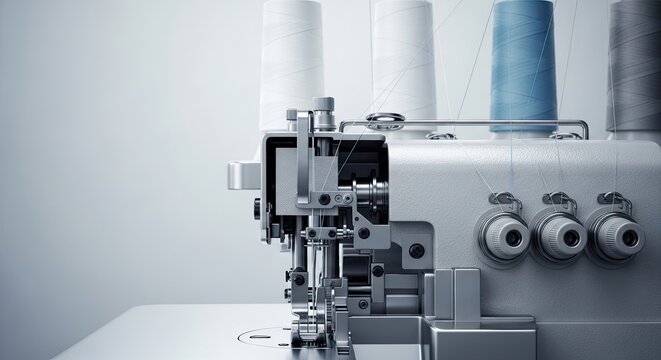 Modern overlock sewing machine with spools of white, blue, and grey thread. Professional textile equipment for fabric production and creative crafting.