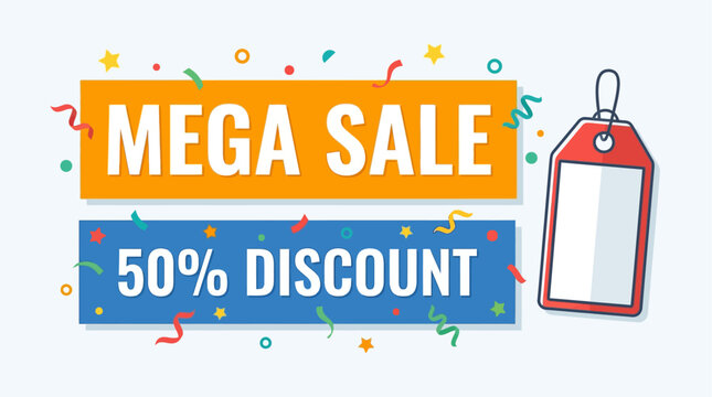 A vibrant advertisement displays a mega sale with 50 percent discount tags and colorful confetti celebrating a special shopping event with promotions.