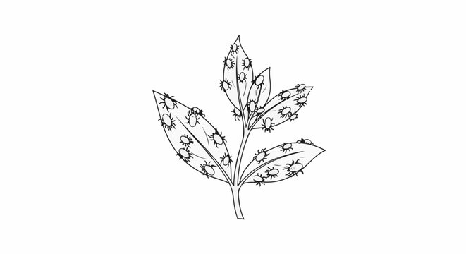 An illustration of a plant stem covered in tiny, dark insects