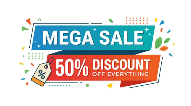 A vibrant advertisement sign displays a mega sale with 50 percent discount on everything surrounded by colorful confetti and banners in a lively shopping environment.