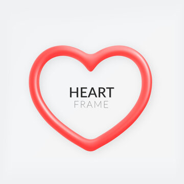 3D red glossy heart shaped frame isolated on light background. Valentine day element suitable for greeting card.
