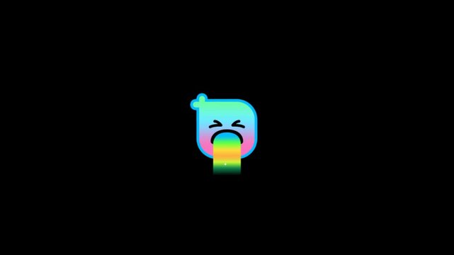 Animated vibrant rainbow gradient cartoon character emoji feeling sick and vomiting with colorful spew digitally illustrated motion graphic with glowing outline isolated on black