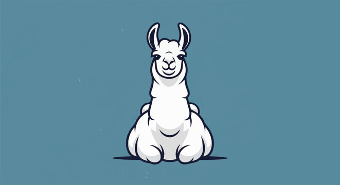 Cartoon llama with a friendly smile sits calmly against a solid blue background