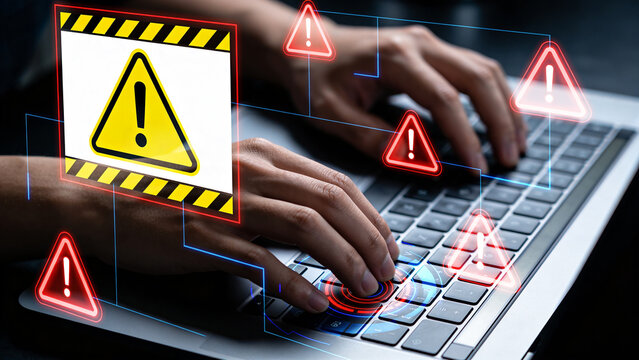 Cyber Security Warning Alert with Risk Notification, Data Breach Concept and System Error Protection on Laptop Interface with Digital Danger Signs
