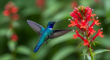 Obraz premium Hummingbird feeding on red flowers in nature