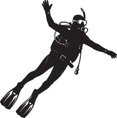Black silhouette of a scuba diver with flippers and snorkel, arms raised, isolated on a white background, also transparent background © PixelSaga MH2 