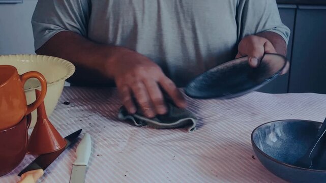 Male hands drying a spoon with a dishcloth.