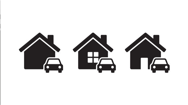 Houses with cars icon set featuring simple black silhouettes and garages featuring white, silhouette, minimalist with home and garage elements for