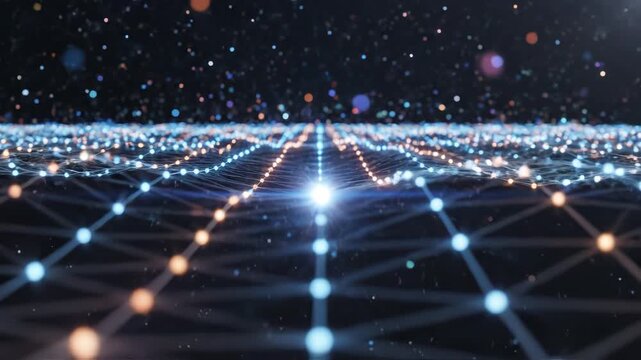 Digital network grid with glowing nodes ideal for sleek commercial backgrounds and title sequences