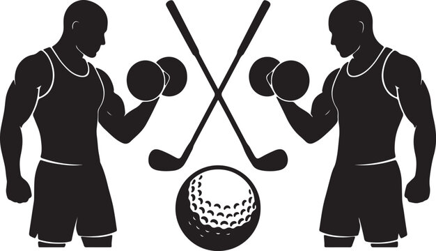 Silhouetted men lifting dumbbells flank crossed golf clubs and dimpled golf ball on white background, also transparent background