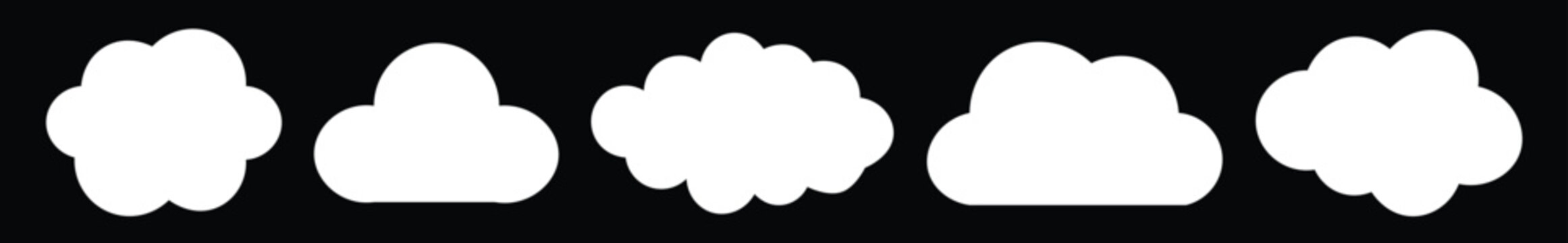 White cloud shapes on dark background for graphic design and weather icons  various puffy cloud silhouettes in a row for illustrations and digital art