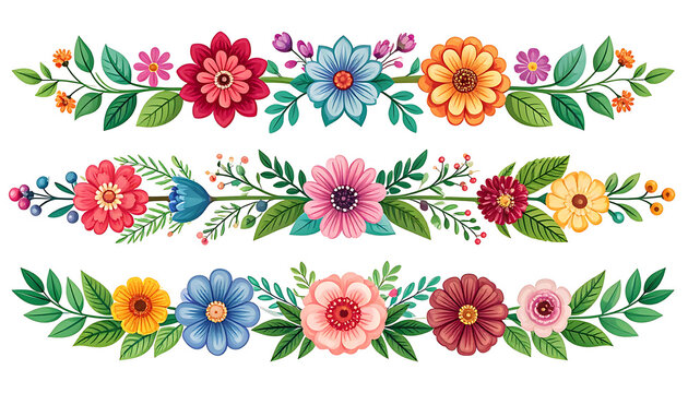 set of three floral borders with pixel art flowers and leaves in vibrant colors, decorative elements for design
