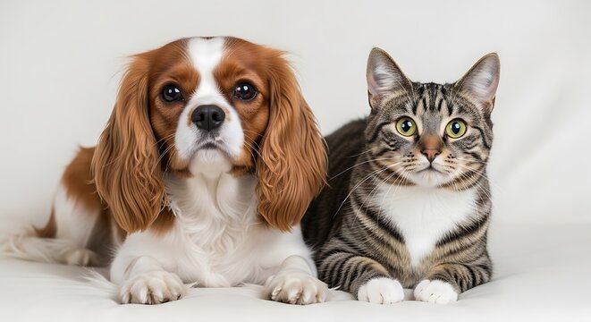 Cute Cavalier King Charles Spaniel and cat together