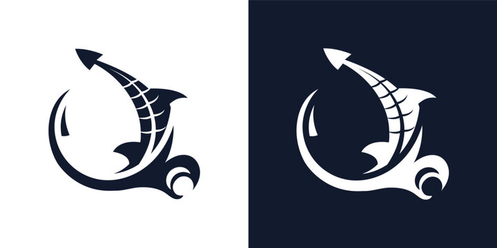 Fishing logo design set, vector fish hook and marlin jumping out of water