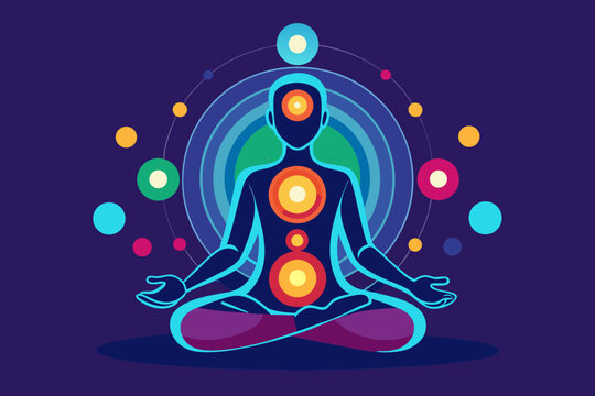 Meditating figure in lotus position with vibrant chakra points, representing inner peace and spiritual balance