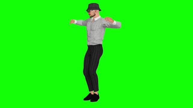 dancer opens his arms while moving on green screen, isolated for chroma key compositing in music, entertainment, advertising, and video production. Ready for stock video editing.
