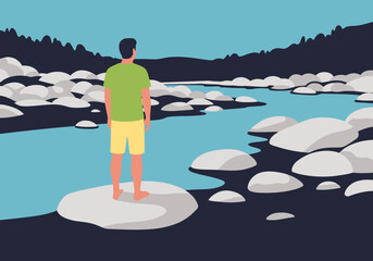 A man stands barefoot on a river rock, gazing at a scenic landscape. A minimalist, modern illustration evokes a sense of adventure and tranquility. © Vector Factory