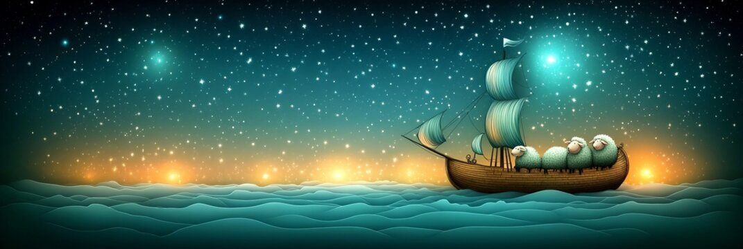 A Dreamy Night Voyage Sleepy Sheep Sail the Starry Seas on a Vintage Ship with Light Sails