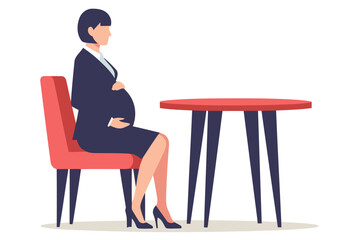 Fototapeta premium A pregnant businesswoman sits at a table, radiating professionalism and strength. Modern flat illustration style. Suitable for business and maternity themes.