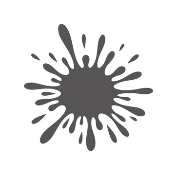 Dark gray ink splash with many irregular fluid droplets radiating outwards paint