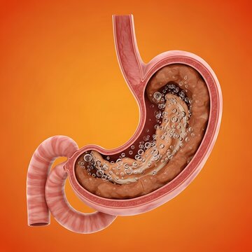 Cross section of human stomach with undigested food and digestive juices.