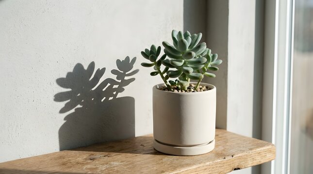Succulent plant in a ceramic pot by a window with sunlight and shadow