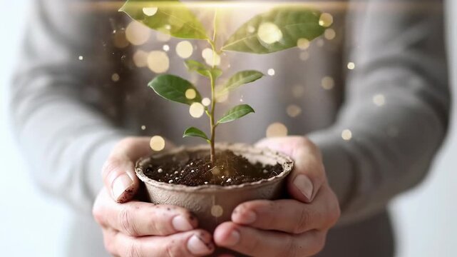 Well-groomed adult hands in business-casual attire gently cup a vibrant green sapling in a biodegradable pot, golden light emanating, dolly out to copy space, bokeh. Concept of sustainable growth and