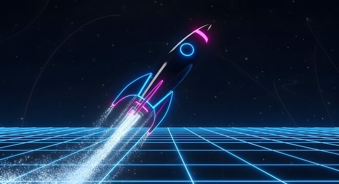 Neon Rocket Launching Over Digital Grid in Space