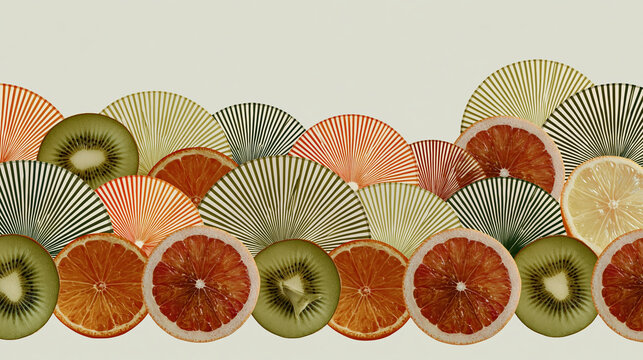 Cheerful abstract summer theme pattern showing slice of tropical fruit arrange with fresh kiwi and bright grapefruit for refreshing look
