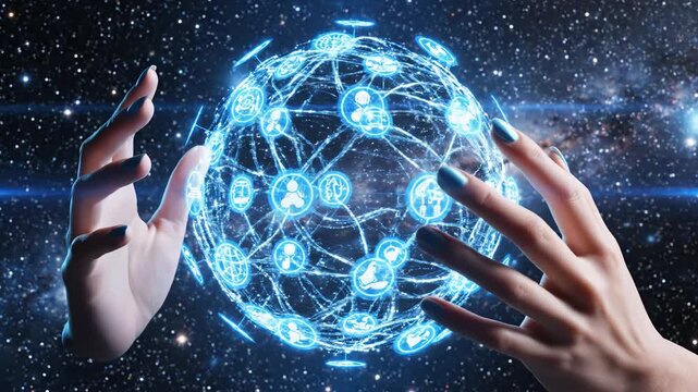 Hands holding glowing digital sphere in space representing smart infrastructure and connectivity