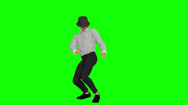 dancer bends his knees in a step on green screen, isolated for chroma key compositing in music, entertainment, advertising, and video production. Useful for stock video projects.