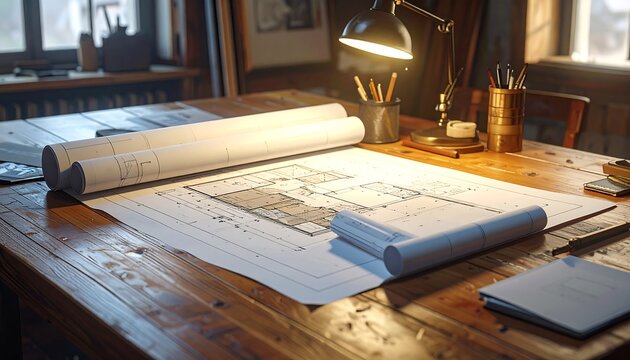 A wooden desk with rolled blueprints and office supplies