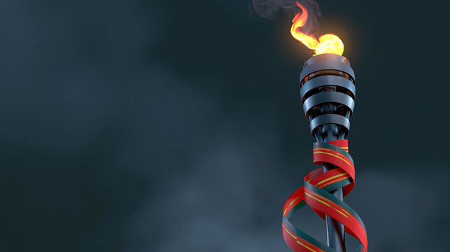 Inspiring glowing metal freedom torch with red ribbon burning bright flame illuminating dramatic dark twilight sky representing hope