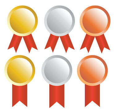 Gold, silver, and bronze medals with a red ribbon. 1st, 2nd, 3rd Place.Winner Badges.Metal reward for winners and competitions.Certificates.Sign, symbol, icon and logo isolated.Vector illustration.