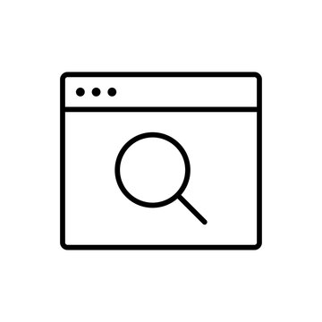An outline icon depicting a web browser window with a magnifying glass, symbolizing online search, discovery, and internet exploration.
