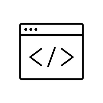 An outline icon of a web browser window displaying code tags, symbolizing web development, programming, and digital coding.
