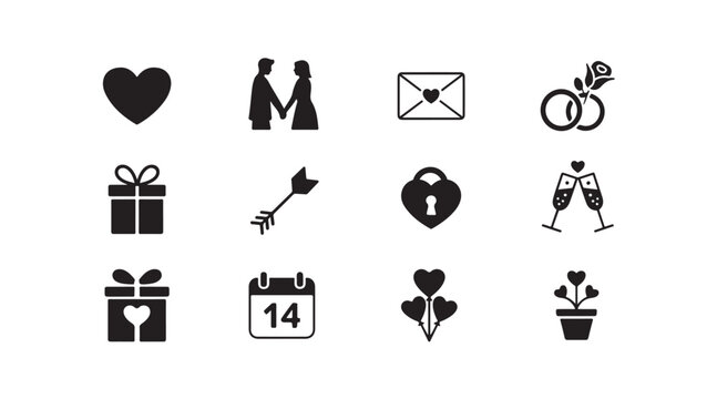 Valentines day vector elements set featuring gift boxes envelope and wedding ring symbols.