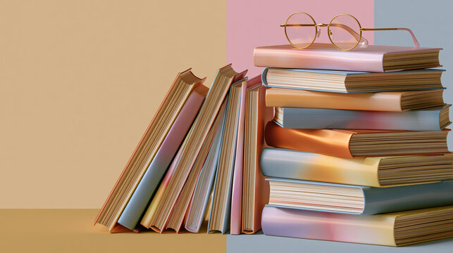 Peaceful close up view featuring stack of reading book and glass resting on top against soft pastel background evoking calm intellectual feeling