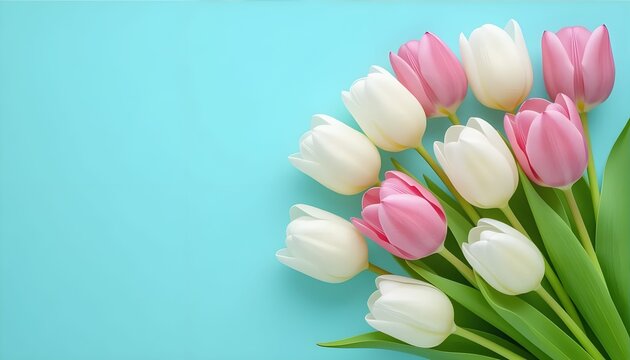Mother's Day concept. Top view photo of bouquet of white and pink tulips on isolated pastel blue background with copyspace
