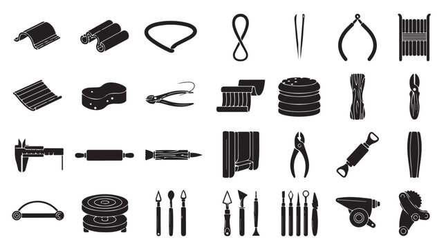 Pottery and ceramics tools icon set, 28 black silhouette vector elements for clay sculpting, professional pottery studio equipment and craft supplies