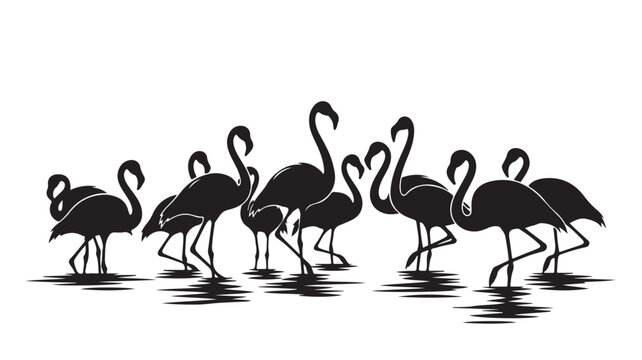 Black flamingo silhouettes in water, tropical bird flock vector illustration, elegant wading flamingos group, minimalist exotic wildlife nature scene