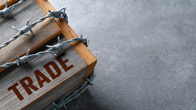 Sharp barbed wire wrapped wooden crate stamped trade signifies severe restriction embargo sanction commerce evoking high tension