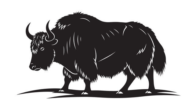 Vintage yak silhouette vector illustration, black bull ox with long hair and horns, majestic mountain animal icon for outdoor branding
