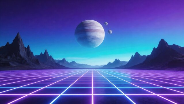 Futuristic alien landscape with glowing grid