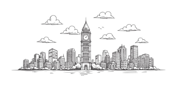 Hand drawn of London skyline with Big Ben and clouds clock