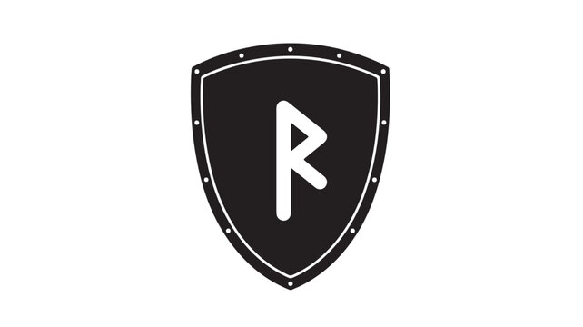 Viking shield with Raido rune symbol, Norse mythology warrior protection icon, black and white medieval heraldry vector graphic for gaming logos